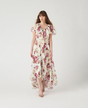 Caroline Dress Cream Red Floral Print